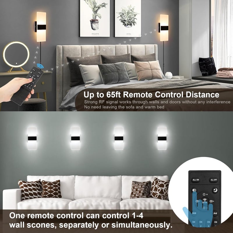 GOODATE Plug in Wall Sconces with Adjustable 3000K-6500K Colors & 10%-100% Brightness, Wall Sconces Set of Two with Remote, 12W Acrylic LED Plug in Wall Light, Sconces Wall Decor Set of 2 (2 PACK,Black) - Image 4